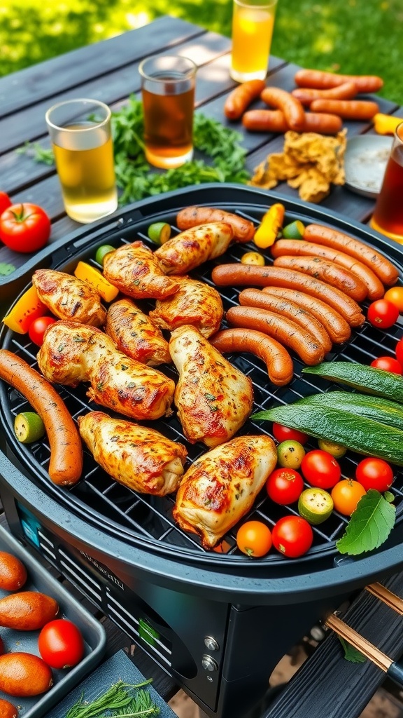 A grill with chicken, sausages, and vegetables surrounded by outdoor dining setup for a BBQ feast.
